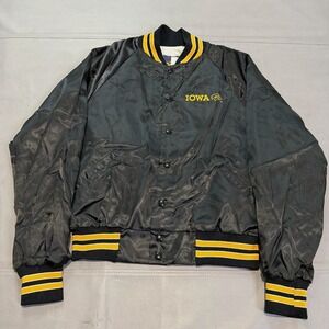 True VTG 80s Majestic Iowa Hawkeye Nylon Bomber Jacket Men Black Snap-L-4858
